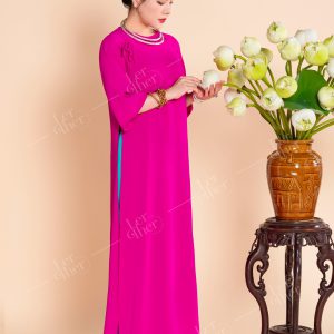 Lerther- Bộ áo dài suông hồng sen đính nơ dây tay lỡ + quần dài xanh ngọc suông rộng size L